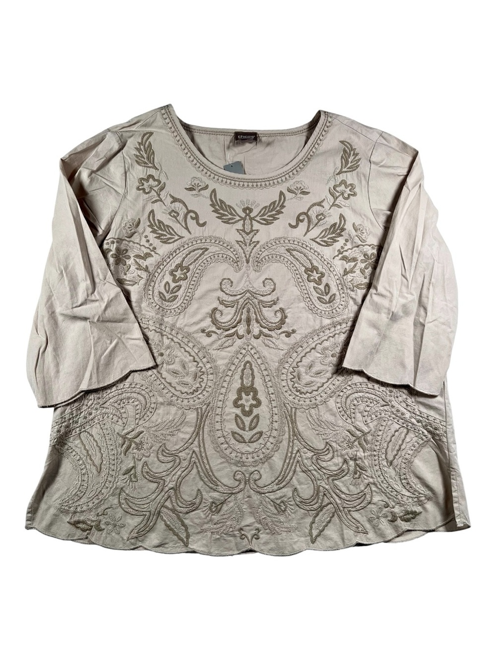 Chico’s Women’s Embroidered Paisley Boho Tunic Top Beige 3/4 Sleeve Cottagecore